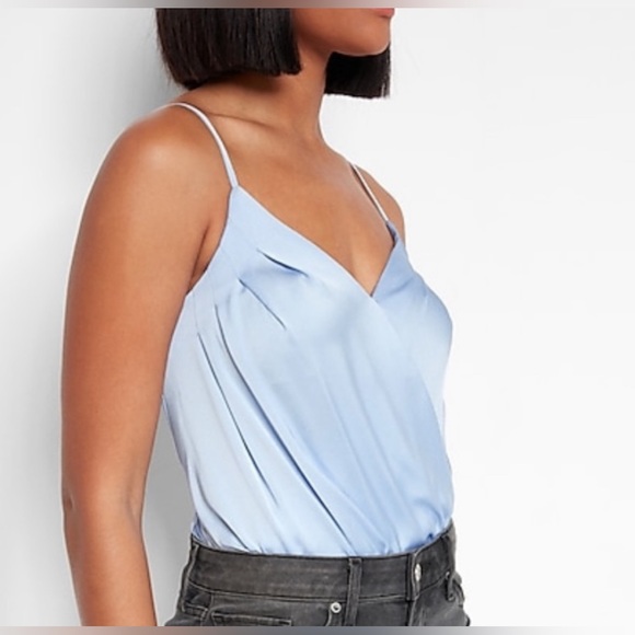 BNWT! Express periwinkle blue wrap front surplice satin silky bodysuit small - Picture 2 of 3